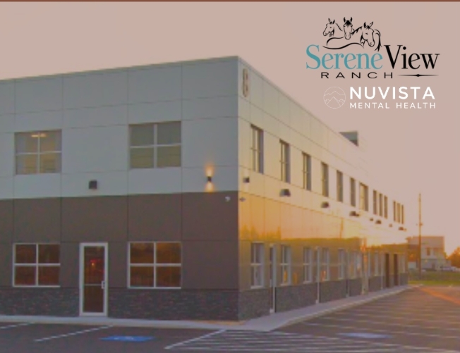 Exterior of a modern building at sunset with SereneView Ranch and NuVista Mental Health logos overlaid.